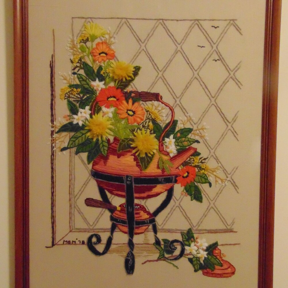 Vintage Copper Kettle & Flowers in Crewel, Wood Frame, 19.6 in x 25.6 in